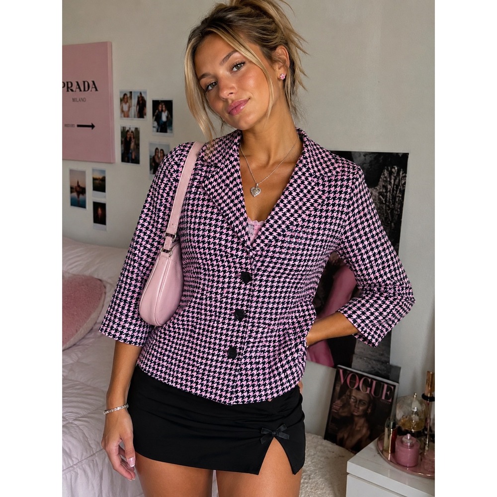 Vintage Y2K Joan Rivers Pink Black Houndstooth Cotton Stretch‎ Jacket XL Preppy